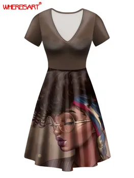 WHEREISART Africane Femeile Afro Fete Imprimate Stil Boho Doamnelor Casual de Vara Rochie Midi Neagra Design de Artă V-neck Sundress Sukienka