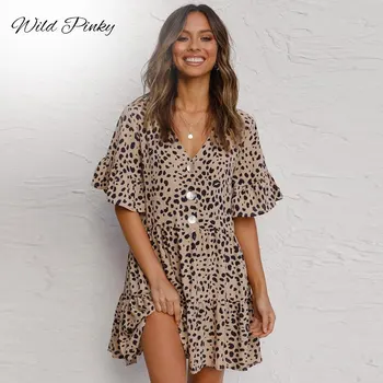 WildPinky 2020 Stil de Vara Femei Mini Leopard Rochie de Vara de Imprimare Volane Scurt Maneca V gat Petrecere Dulce Rochie de Plaja Vestidos
