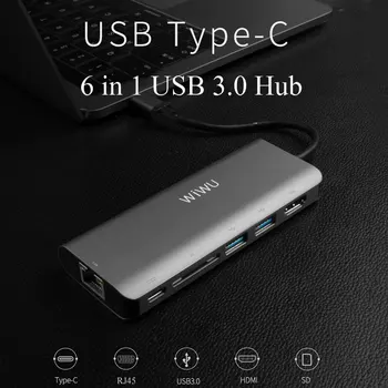 WIWU 6 in 1 USB 3.0 Hub pentru MacBook Pro de Aer Multi-funcție USB de Tip C 4K Video HDMI/RJ45 Hub USB 3.0 Adapter Portul de Încărcare Hub-uri