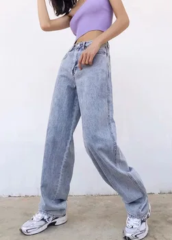 Wixra Elegante Blugi Pantaloni Largi Femei de Primăvară Buzunare Talie Inalta Blugi BF Lungi Casual Pantaloni din Denim Pentru Femei Toamna