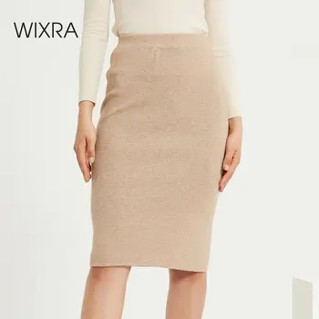 Wixra Femei Tricotate Fuste Drepte de Bază Solide Doamnelor Talie Inalta Fusta Genunchi-lungime Streetwear 2020 Toamna Iarna Noi