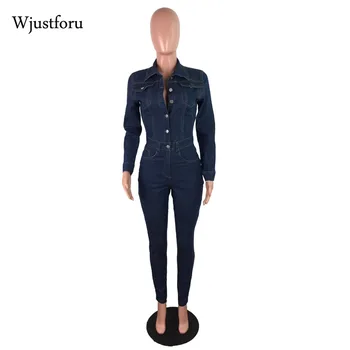 Wjustforu Streetwear Salopeta Din Denim Pentru Femei De Iarnă Bodycon Salopetă Mânecă Lungă Moda Salopete Pentru Femei-O Bucată Tinuta 2020