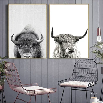 Woodland Bison Arta de Perete Highland Vaca Tablouri Canvas Bovine Imaginile pentru Camera de zi Decor Alb Negru Postere si Printuri