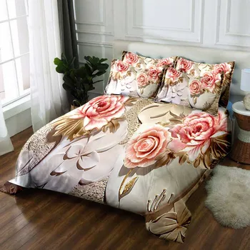 WOSTAR bumbac lenjerie de pat set cearceaf plapuma fata de perna Textile Acasă set de lenjerie de pat florale de imprimare 3d trandafir roz pentru decor acasă