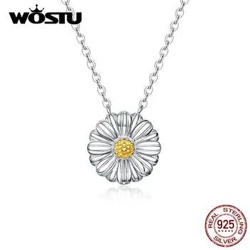 WOSTU Argint 925 Daisy Galben Floare Colier de Link-ul Lanț Pentru Femei, Colierul din Argint 925 Bijuterii Cadou CQN370