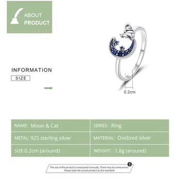 WOSTU Luna & Cat Deschide Inel Argint 925 Zircon Albastru Dimensiuni Reglabile Animal Inel Pentru Femei Degete Trendy Bijuterii CQR677
