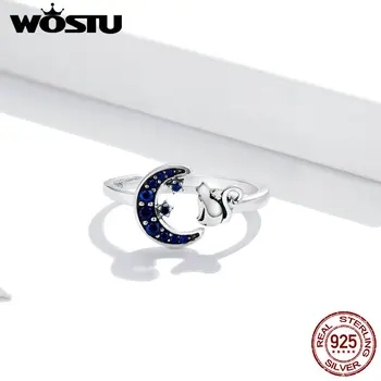 WOSTU Luna & Cat Deschide Inel Argint 925 Zircon Albastru Dimensiuni Reglabile Animal Inel Pentru Femei Degete Trendy Bijuterii CQR677
