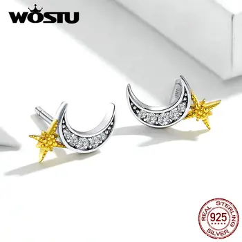 WOSTU Real 925 Sterling Silver Moon Stele de Aur Cercei Stud Pentru Femei Nuntă Zircon Cercei Mici de Logodna Bijuterii CQE729