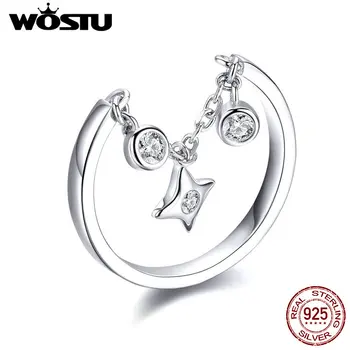 WOSTU Stea Strălucitoare Inel Argint 925 Clar CZ de Link-ul Lanț Cristale Inele Reglabile cu Degetul Pentru Femei Bijuterii Strălucire CQR408