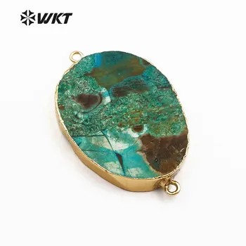 WT-P195 Formă Ovală Naturale Ocean de Piatră Cu Ornamente de Aur Pandantiv Dublu Bucle Piatra Verde Conector Wild Coast Bijuterii