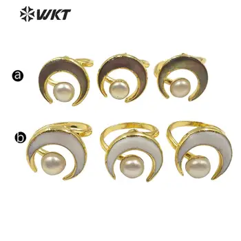 WT-R344 WKT Naturale Pearl Ring virolă Formă Luna Pearl Și Shell Aur Galvanizare Inel Reglabil Femei Moda Bijuterii Inel
