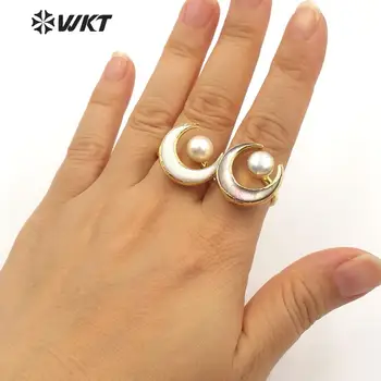 WT-R344 WKT Naturale Pearl Ring virolă Formă Luna Pearl Și Shell Aur Galvanizare Inel Reglabil Femei Moda Bijuterii Inel