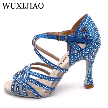 WUXIJIAO Argint Stras Albastru de Dans latino Pantofi Femei Salas Pantofi de Bal Perla Toc 9cm Vals Software Pantofi Fierbinte de Vânzare