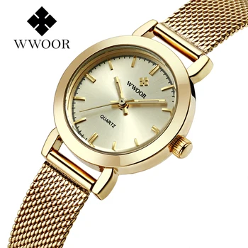 WWOOR Ceas pentru Femei Brand de Lux Doamnelor Cuarț Ceas de Mână Rochie de Mic Ceas de Aur Femei Plasă din Oțel Inoxidabil Brățară Ceas Casual