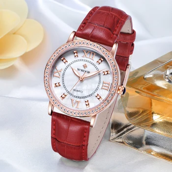 WWOOR Faimosul Brand de Lux Diamant Femei Ceasuri Doamnelor Rochie Casual Cuarț Ceas de Moda de sex Feminin Rosu din Piele Încheietura mîinii Ceas