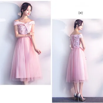 XBQS0801#Lace up Piersic roz stiluri de mediu și scurt, Rochii de domnisoare de Onoare petrecere de nunta rochie de bal 2019 en-gros womenclothing