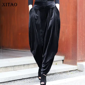 XITAO Negru Plisată Pantaloni de Moda Noua Talie Elastic Buzunar Vrac Pantaloni Harem Mici Proaspete Stil Casual 2020 Iarna DZL2305