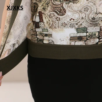 XJXKS Nou-veniți 2017 Vara Femei T-Shirt-uri de Moda de petrecere a timpului Liber Fals Două Piese Tricotate T-Shirt Retro Print Plus Dimensiune Mama Topuri