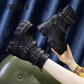 XMWRLW Piele PU de la Jumătatea Vițel Cizme Pentru Femei Pantofi de Toamnă 2020 Moda Nit Ascuns Tocuri Femei Pene Cizme Doamnelor Pantofi de Toamnă