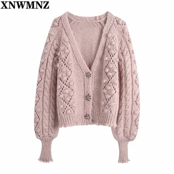 XNWMNZ za femei Estetice v-neck mingea aplici cardigan tricotat pulover dama casual cu maneci lungi butoane pulovere topuri chic