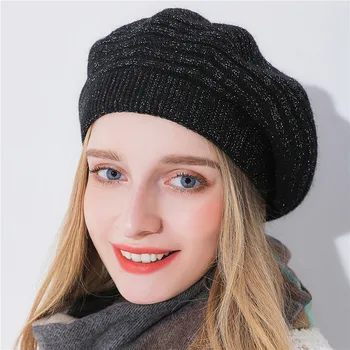 Xthree Femei pălărie de iarnă Cașmir bereta pălărie de mătase Strălucitoare fir tricotate pălărie de blană de Iepure bereta de fata doamna de moda capac
