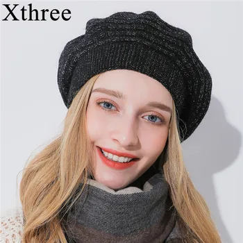 Xthree Femei pălărie de iarnă Cașmir bereta pălărie de mătase Strălucitoare fir tricotate pălărie de blană de Iepure bereta de fata doamna de moda capac