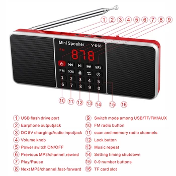 Y-618 Mini Radio FM, FM Radio dab radio Difuzor USB Reîncărcabilă Music Player Suport TF/SD Card cu LED Display Ecran