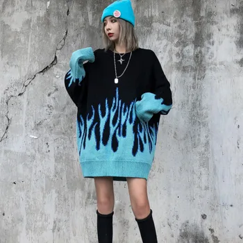 Y Demo De Streetwear Gotic Flacără Pulover Femei Casual Supradimensionate O De Gât Maneca Lunga Pulover Tricotate Cuplu De Îmbrăcăminte De Moda