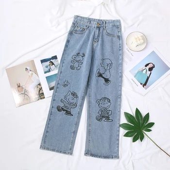 Y2K Blugi Femei de Primăvară 2021 Moda Desene animate Print Denim Pantaloni Lungi Largi Casual Doamnelor Streetwear Funduri Pantaloni Ropa Mujer