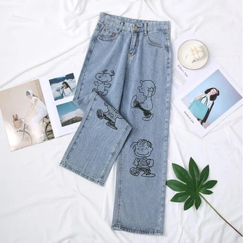 Y2K Blugi Femei de Primăvară 2021 Moda Desene animate Print Denim Pantaloni Lungi Largi Casual Doamnelor Streetwear Funduri Pantaloni Ropa Mujer