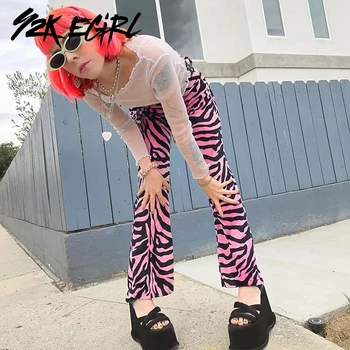 Y2K EGIRL Pastel Goth Imprimare Zebra Roz Pantaloni Punk Estetica Talie mijlocie Vrac Pantaloni Drepte 90 Streetwear Toamna Pantaloni