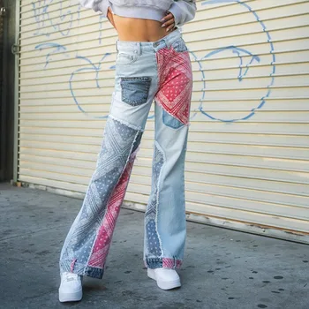Y2K Indie Estetice Blugi Joase Femei Vintage Print Mozaic Grunge Streetwear Pantaloni din Denim Stil Preppy E Fata Pantaloni