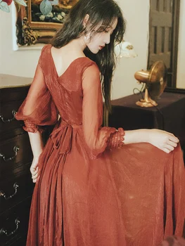 YAMDI vintage maneca lunga petrecere de primavara-vara pista de rochii femei de lux boho 2020 o rochie-linie elegant solid v gâtului talie mare