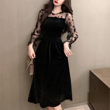 Yangelo Catifea Neagră Mozaic-Linie Femei Bodycon Dress O-Gât 2020 Iarna Cu Maneca Lunga Stil Sexy Club De Noapte Partid Doamnă Birou