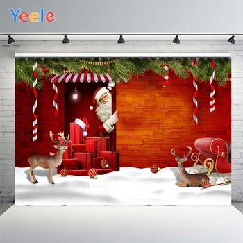 Yeele un Zid de Cărămidă Roșie Moș Crăciun, Sanie, Cadouri de Cerb Drăguț Ramuri de Pin Fundal Photophone Fotografie pentru Decor Personalizat Dimensiune