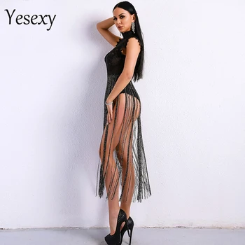 Yesexy 2021 Sexy Femei Tassel Salopete pentru Femei Salopete de Înaltă Gât fără Mâneci Dantelă Vedea Prin Sclipici Ciucure Bodysuit VR8901-1