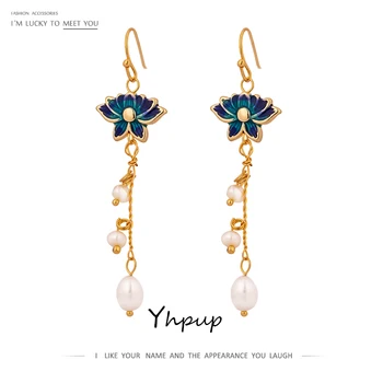 Yhpup de Lux Elegant Cloisonne Perle Naturale Lanț Lung Legăna Cercei de Cupru Email Manual Rafinat Bijuterii pentru Femei, Cadou