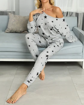 YICIYA Femei Cordon de Proiectare Stele de Imprimare de Top Casual Si Casual, Pantaloni Set Maneca Lunga de Pe Umăr Top Primăvară Pantaloni de Pijama Set