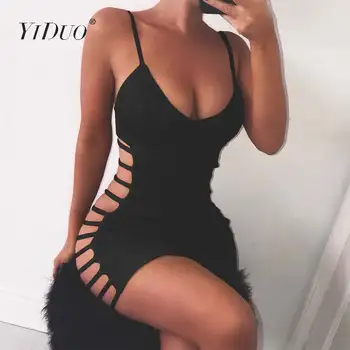 YiDuo Gol Afară De Spaghete Curea Sexy Mini Club Rochie V-Gât Slab Bodycon Vestidos Femei Stralucitoare Pânză Neagră, Rochie De Petrecere 2019