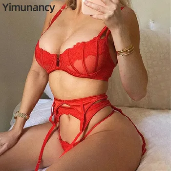 Yimunancy 3-o bucată de Dantelă Sutien Femei Transparent Underwire Sutien + Chiloti Sexy Set Lenjerie Roșie Set de Lenjerie