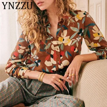 YNZZU 2020 Primăvară Elegant Florale de Imprimare Femei Topuri si Bluze Elegante, Bluza Singur Pieptul Cămașă ropa mujer Streetwear AT485