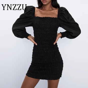 YNZZU Sexy Negru Rochie Bodycon Mini Femeile 2020 Felinar Sleeve Ruched Pătrat Guler Elastic Mare Partid de sex Feminin Rochii de Club AD480
