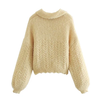 ZA 2020 Femei Toamna lână tricotate pulover Guler de Turn-down pulover Pulover de iarna Fata Maneca Lunga Casual Tricot Vrac Pulovere