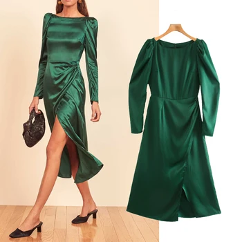 ZA 2020 Moda textură de Mătase de culoare Solidă Elegant și subțire Rochii cu maneci lungi Doamnelor Rochie Vrac Vestidos de Primăvară Rochie midi