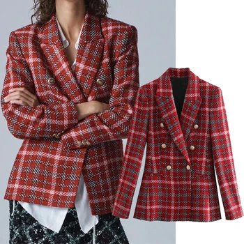 Za 2020 nouă Femei Toamna iarna Red plaid print Haina Guler de Turn-down Haină Lungă Doamna Streetwear butoane Uza