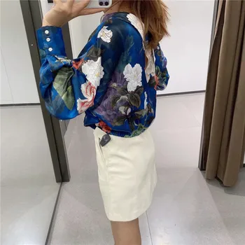 Za Bluza Femei 2020 Florale Imprimate Satin Crop Top Femeie O Gatului Maneca Lunga Tiv Elastic Epocă Vrac Doamne Elegante Bluze