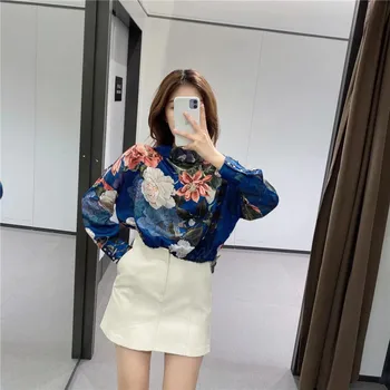 Za Bluza Femei 2020 Florale Imprimate Satin Crop Top Femeie O Gatului Maneca Lunga Tiv Elastic Epocă Vrac Doamne Elegante Bluze