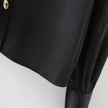 Za Femei Din Satin Negru, Cămașă Birou 2020 Maneca Lunga Buton De Metal Subțire Bluza Femei De Moda De Epocă Topuri