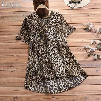 ZANZEA 2021 Asimetric Tricou Femei Leopard Imprimate Bluza Femei Tunica V Gât Maneci Scurte Topuri de sex Feminin Blusas Plus Dimensiune Tunica