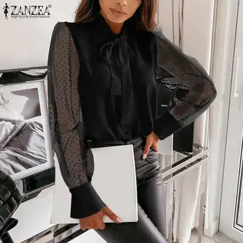 ZANZEA Femei Elegante Bluze din Satin 2021 Vara OL Office Lady Lace Up Tricouri Casual Vedea Prin Plasă Solidă Topuri Plus Dimensiune 5XL